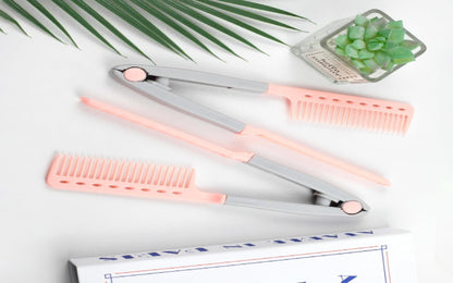 DIY Salon V-Shaped Hair Straightening Comb – 2PCS Hair Styling Brush Set for Smoothing & Straightening, Portable Hairdressing Tool (Pink)